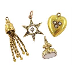 Victorian 15ct gold split pearl heart pendant, gold tassel pendant, 9ct rose gold split seed pearl star pendant and a gold-plated stone set fob