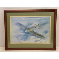  After E.Mills, colour print of a Spitfire in flight, dedicated to James H. (Ginger) Lacey, 31 x 47cm, mahogany stained frame  
