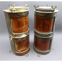  Pair of Meteorite ship's copper Towing lamps, each of bow-fronted form with vertically double red reflectors and two access hatches, electrically powered, bearing Nos. R139754 & R139756, H53cm (2)  