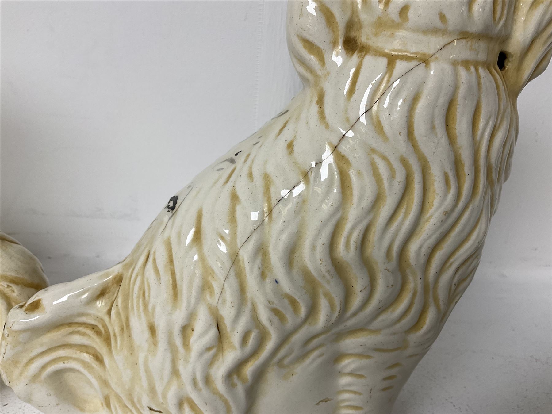 Staffordshire figure of the Duke of Wellington on a bay horse, H30cm in red uniform, together with a similar Staffordshire figure of Dick Turpin, pair of Staffordshire style dogs, H27cm, three Meissen style double salts and two trinket boxes 