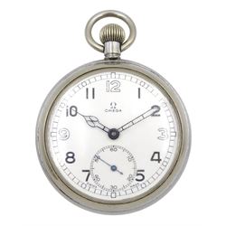 Military issue open face, 15 jewels lever pocket watch by Omega, No. 9991473, white enamel dial with Arabic numerals and subsidiary seconds dial, snap on back case with broad arrow and Military issue markings 'G.S.T.P. F027929'