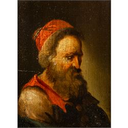 After Rembrandt van Rijn (Dutch 1606-1669): Portrait of a Bearded Man, oil on board unsigned 11.5cm x 8.5cm