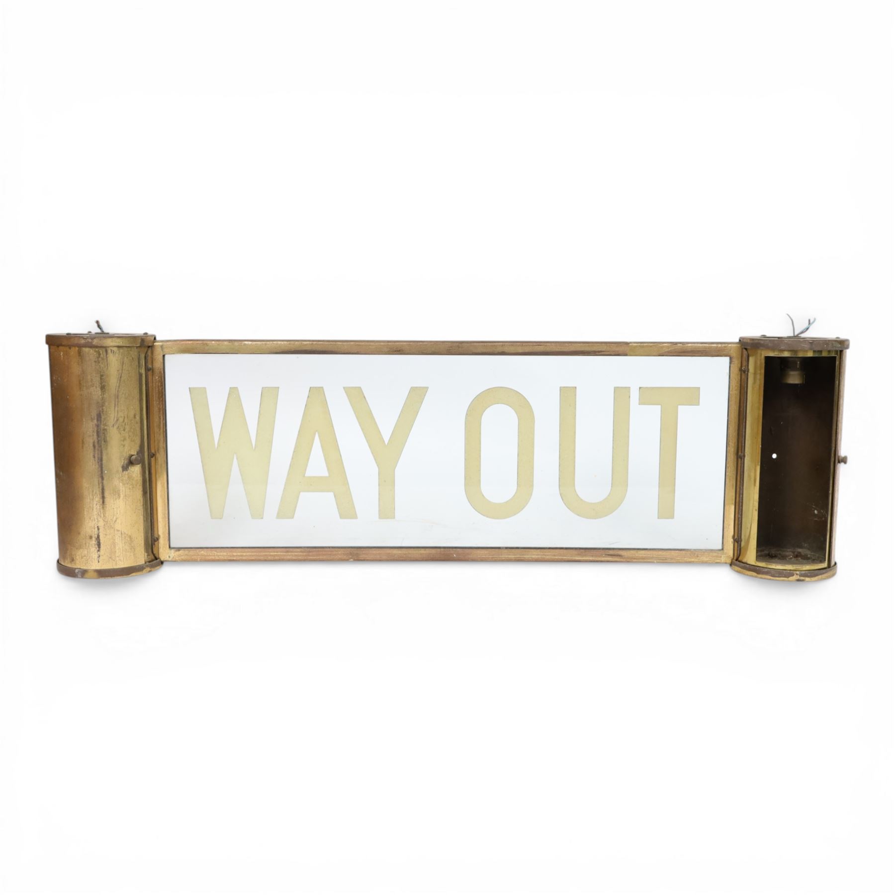 Way Out sign, from cinema or theatre, the central glass panel market Way Out, with brass border and two cylindrical brass mounts for lights to each end, H25cm, L81cm 