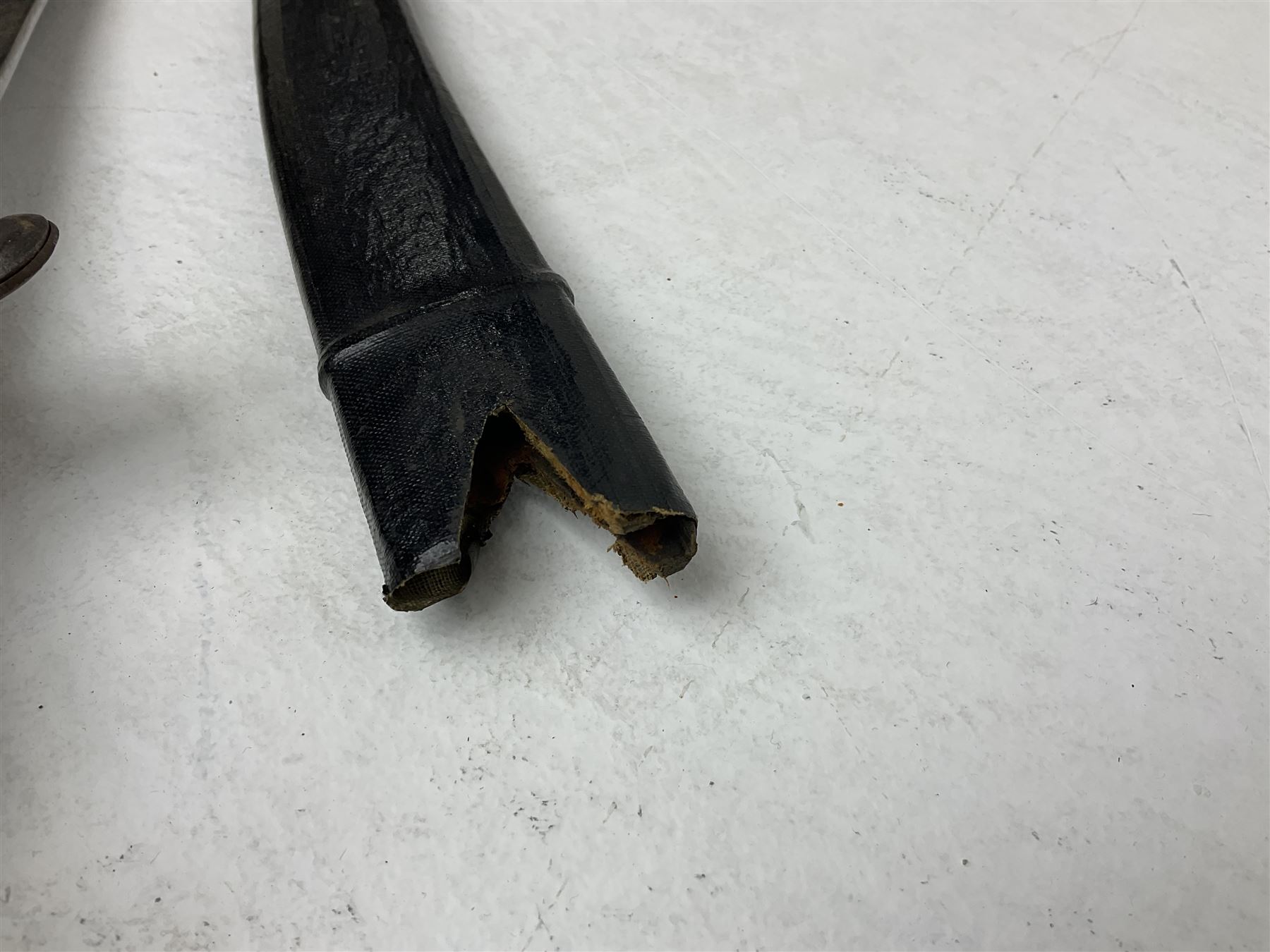 20th century Indian Tulwar sword with 71cm plain curving steel blade and iron hilt with extended langets, knopped grip and spiked pommel; in canvas covered wooden scabbard L87.5cm overall; together with five fencing swords comprising four foils and one epee, three marked Leon Paul, one in carrying case (6)