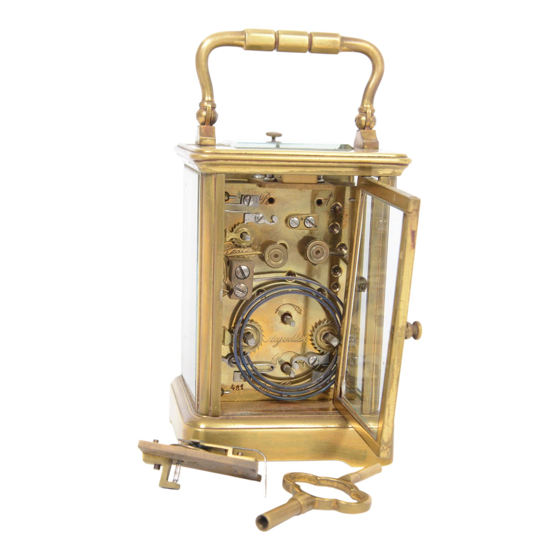 French 8-day timepiece carriage clock with brass case with four bevelled glass panels, 11cm