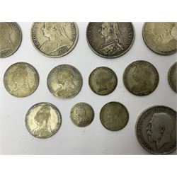 Approximately 210 grams of Great British pre 1920 silver coins, including George IIII 1822 crown, Queen Victoria 1884, 1888, 1894, 1897 and two 1902 halfcrowns etc