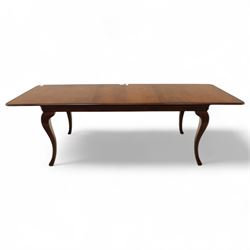 Willis & Gambier - mahogany extending dining table, rectangular top with rounded corners on cabriole legs, with two 35cm extension leaves, four Willis & Gambier upholstered high back chairs and four mahogany chairs, upholstered in a stripped multi-coloured velvet fabric, with scroll-shaped top rail, lyre-shaped back splat on cabriole legs, chairs W46xD91x97cm (11) 