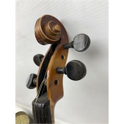 Czechoslovakian violin c1920 with 36cm two-piece maple back and ribs and spruce top, bears label 'Copy of Antonius Stradivarius Made in Czechoslovakia' L59cm; in carrying case; 1950s Czechoslovakian violin; and 195os Czechoslovakian three-quarter size violin; both cased (3)