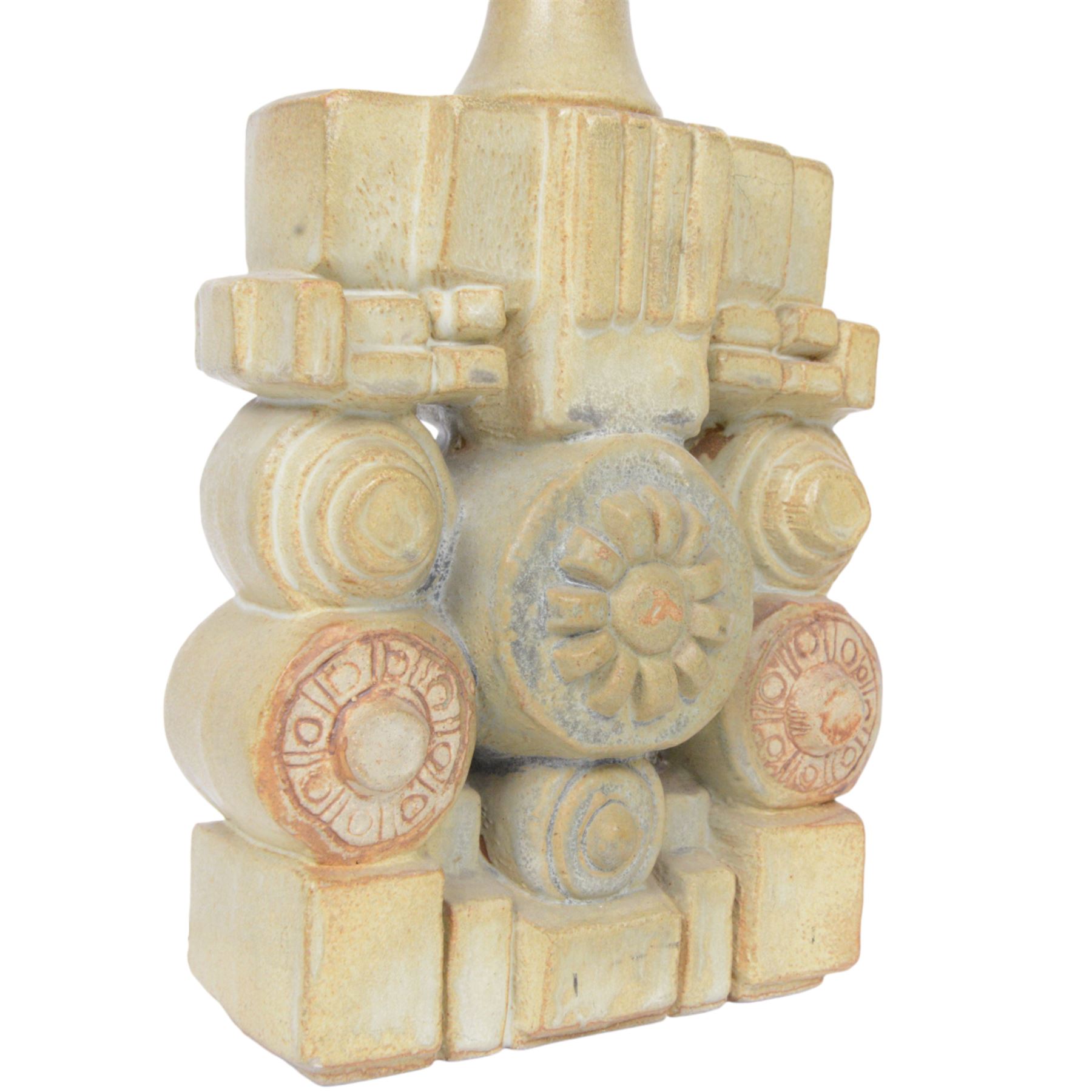 Bernard Rooke (British 1938-): two studio pottery table lamp bases, each with relief moulded abstract designs, signed with initials, tallest H40cm