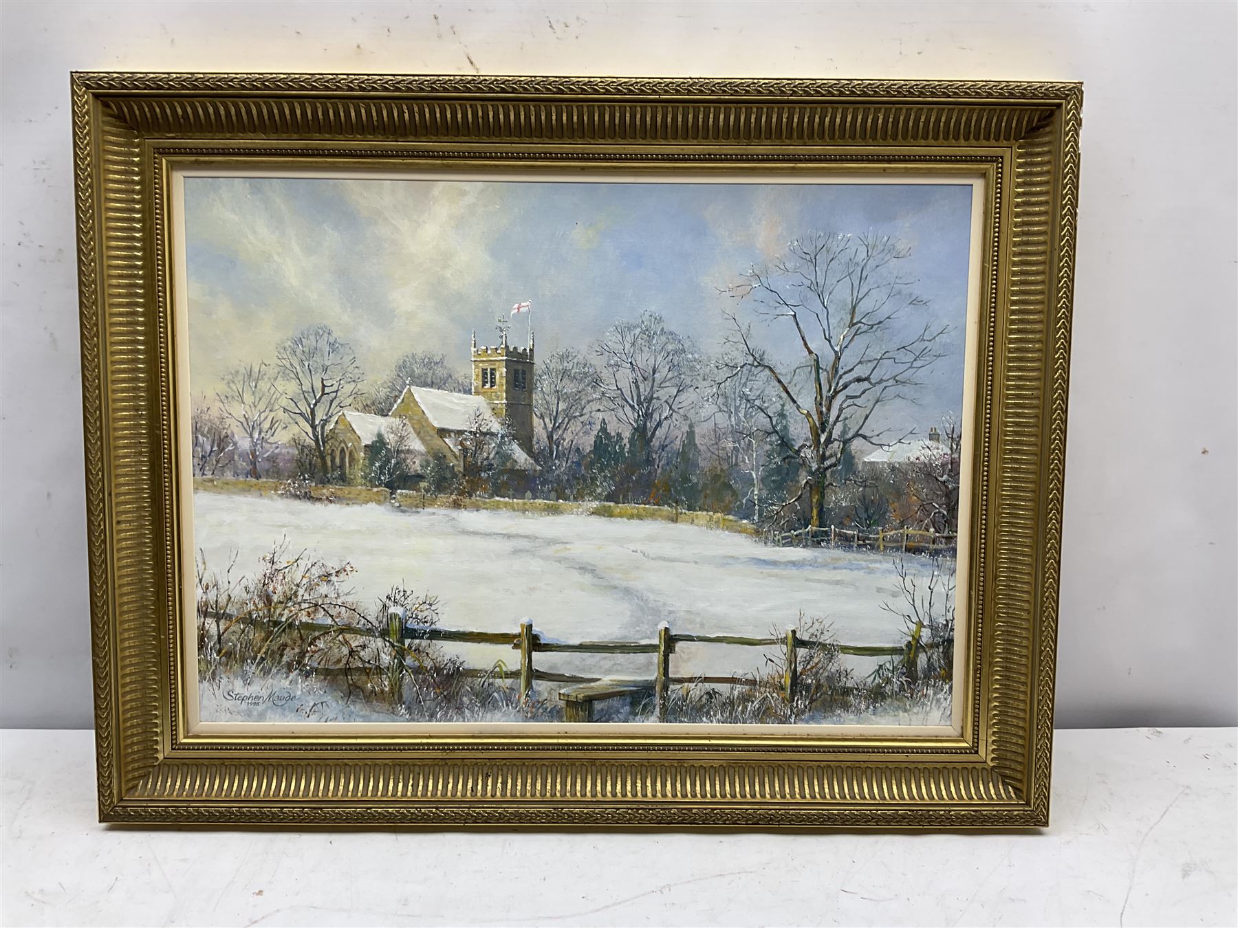 Stephen Maude (British 20th century): Collingham West Yorkshire in Winter, oil on board signed and dated 1995, 38cm x 53cm