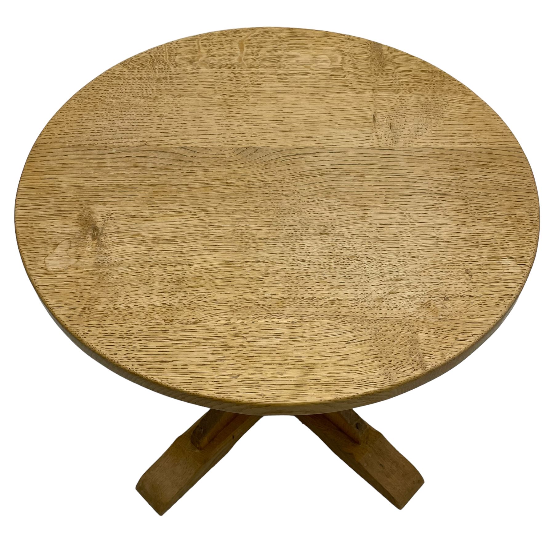 Catman - oak occasional table, circular top on cruciform base, carved with long-necked cat signature, by Chris Checkfield, Whitby