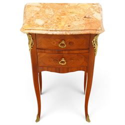 Pair of French inlaid kingwood marquetry bedsides, the shaped marble top over two drawers flanked by gilt metal rocaille mounts, raised on tapering cabriole supports