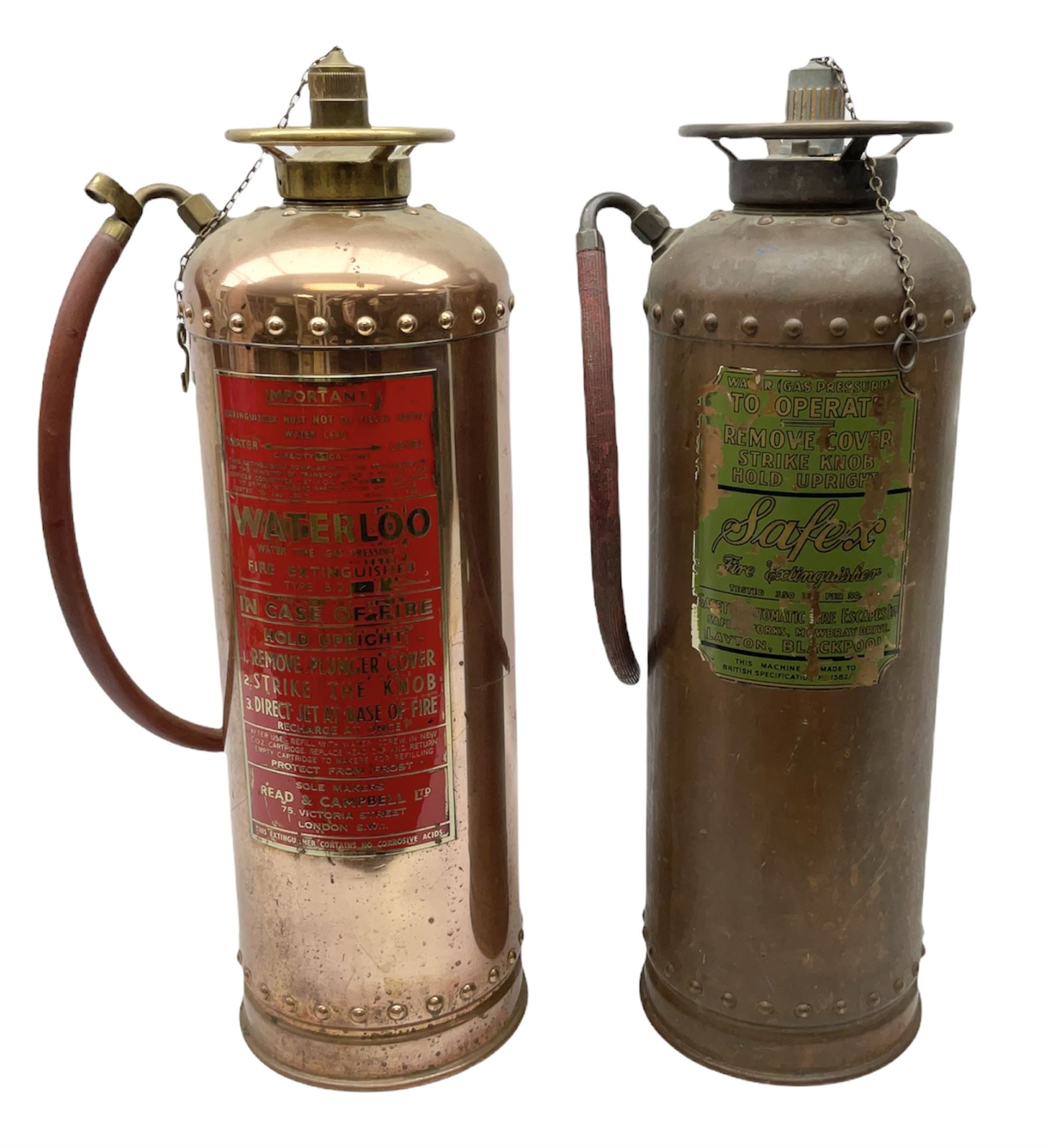 Large copper ‘Waterloo’ fire extinguisher by Read and Campbell Ltd and another Safex example 
