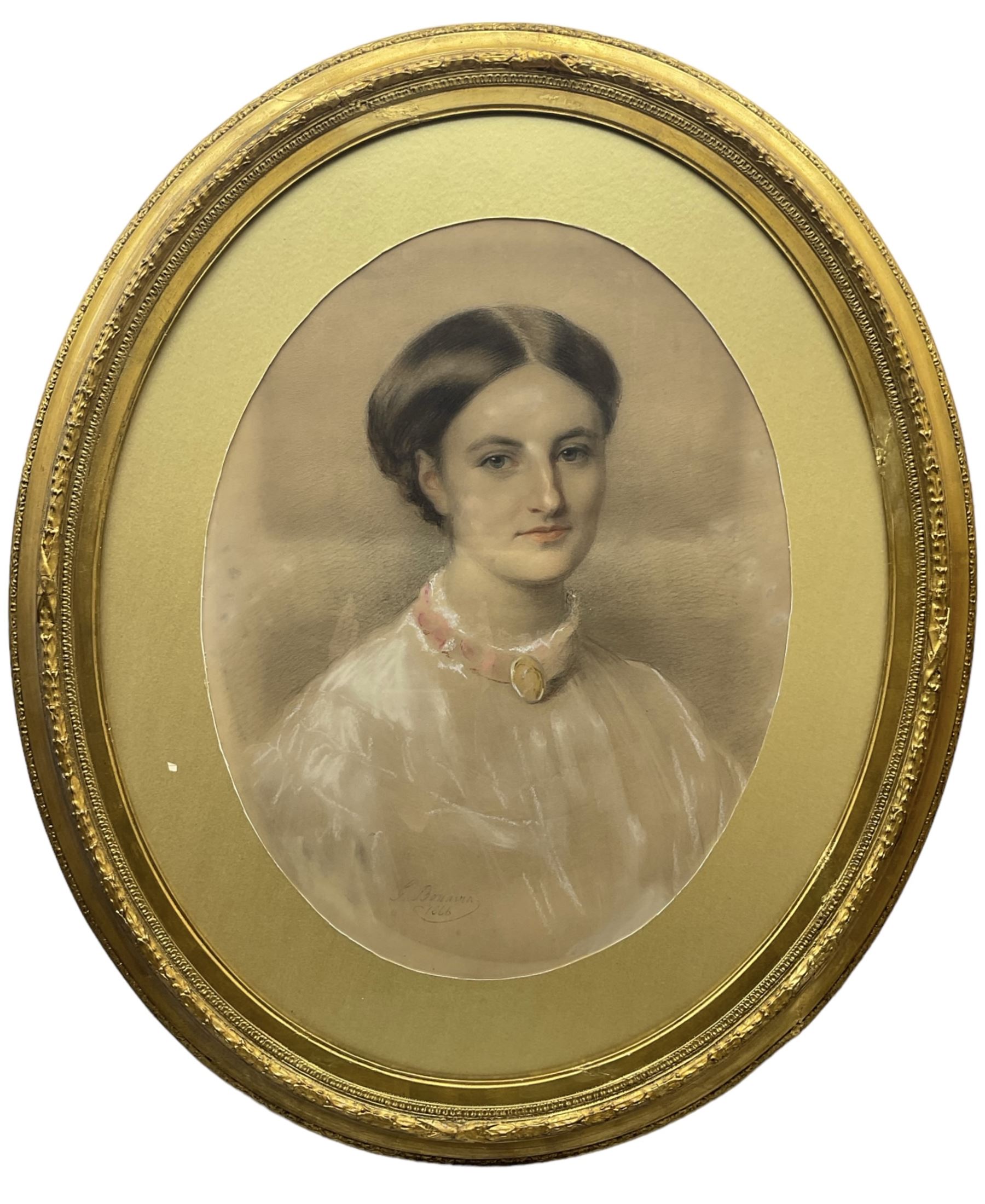 George Bonavia (Maltese/British 1818-1901): Bust Portrait of a Lady, probably a member of the Trollope family, oval pastel signed and dated 1866, 61cm x 48cm 
Provenance: private collection, purchased Neales Auctioneers Nottingham 27th March 2003 Lot 964; from Casewick Hall, Uffington, home of Sir John Trollope