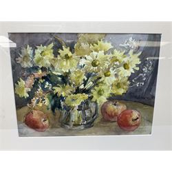 Jean Jones (Irish 20th century): 'Apples and Flowers', watercolour signed and dated 2001 together with brass rubbing of Jane Coningsbie (d.1608) from the Church of Saint Margaret at Felbrigg Norfolk max 104cm x 39cm (2)