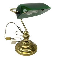 Brass bankers desk lamp, with adjustable green glass shade and stepped circular base, H40cm