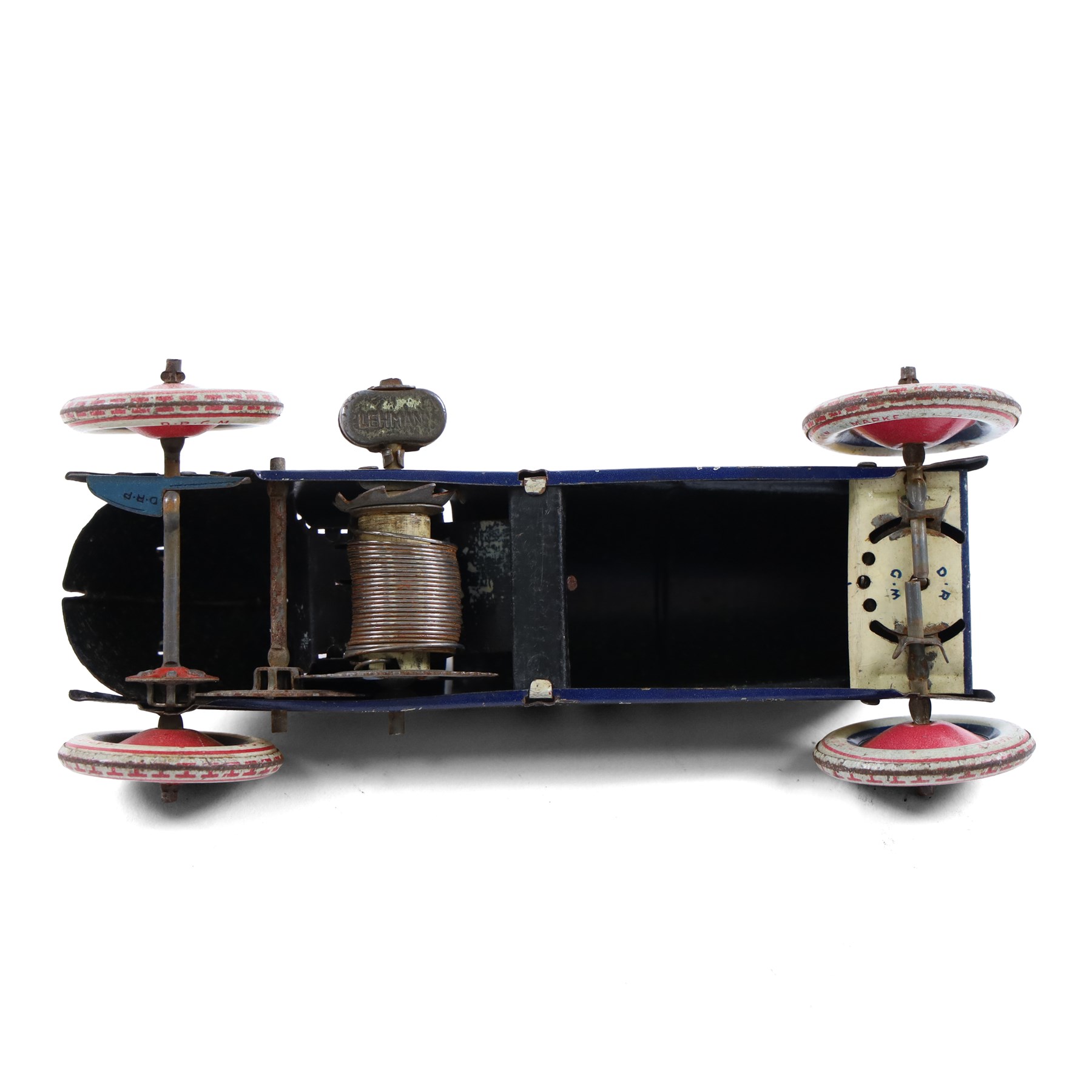 Early 20th century Lehmann tinplate clockwork 'Galop' no.760 racing car, yellow with blue stripes, driver and lithographed details, H6cm, L14cm