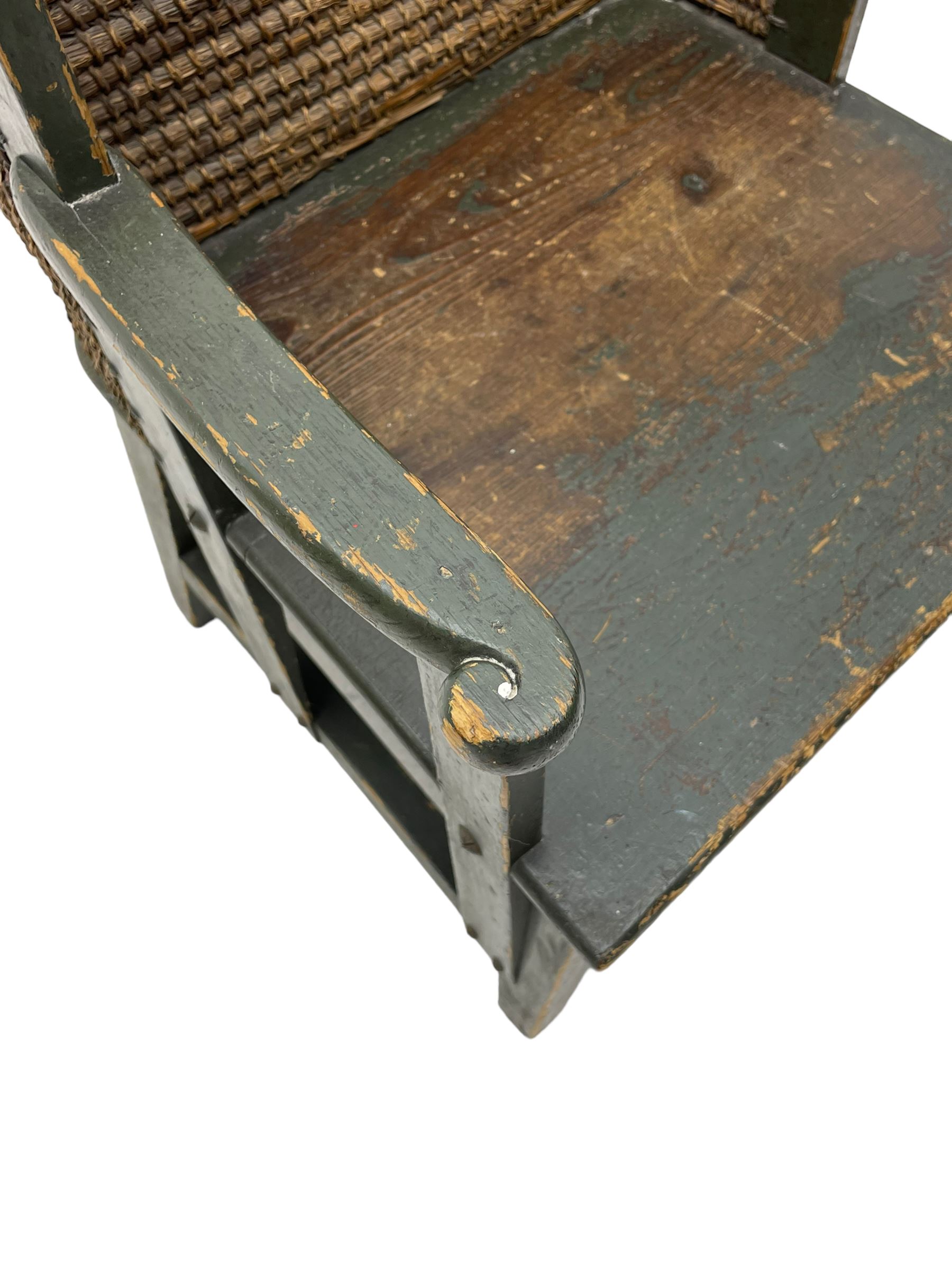 Late 19th to early 20th century Orkney chair, green painted pine frame and seat with curved rush back, square tapering supports joined by plain stretchers