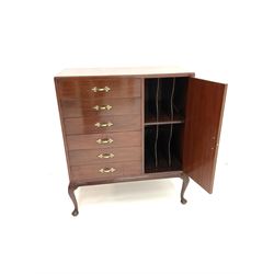 Mid 20th century mahogany music cabinet, fitted with six manuscript drawers with fall fronts, right-hand cupboard enclosing record storage compartments, on cabriole supports