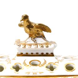 Early 19th century bough pot, hand-painted to each side with birds, modelled with bird lift and two birds perched on handles in gilt, unmarked but in the manner of Coalport, W19cm