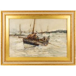 Frank Henry Mason (Staithes Group 1875-1965): 'A Perilous Coble', watercolour laid on to canvas signed and dated 1901, titled on the stretcher verso 49cm x 75cm