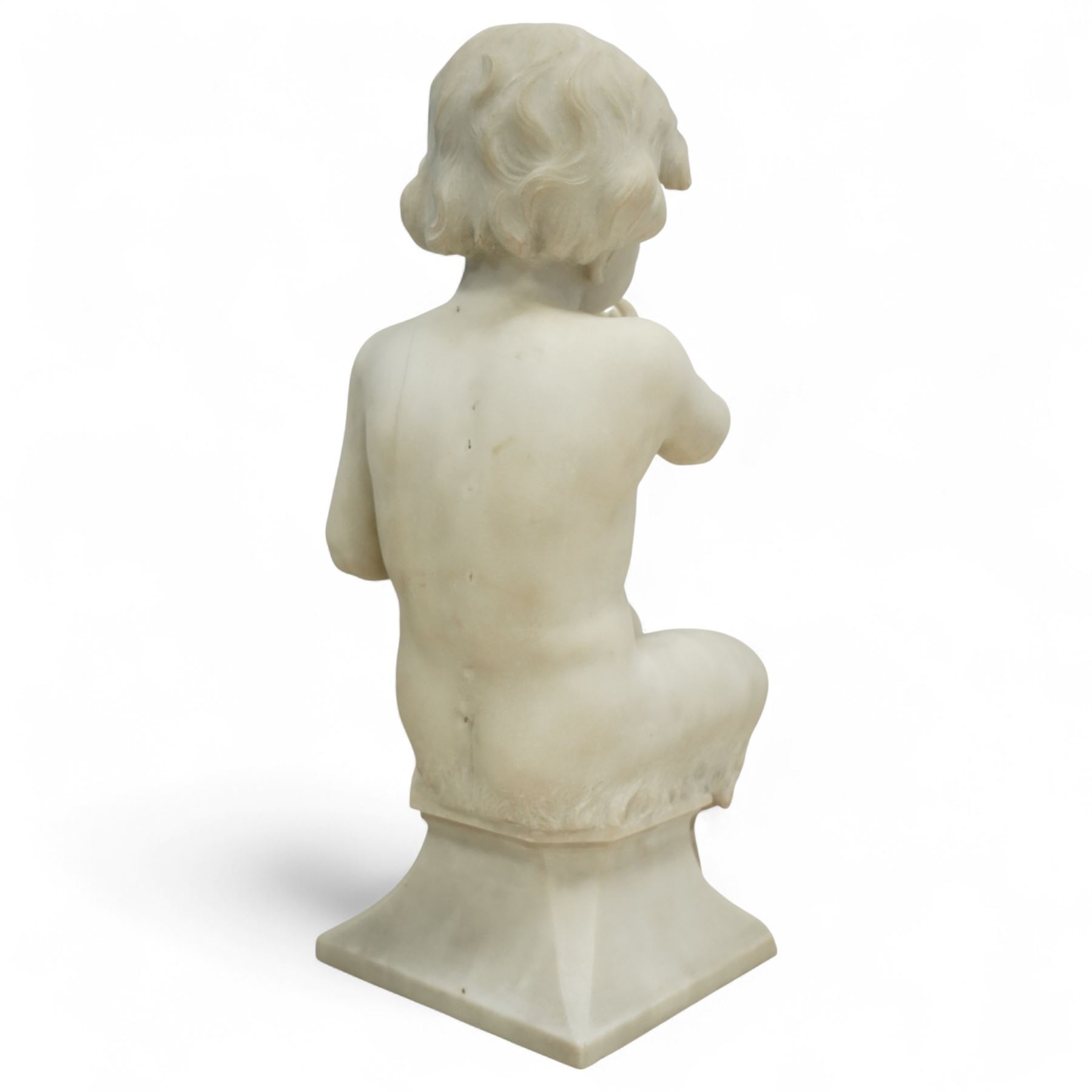 Follower of Claude Michel Clodion (French 1738-1814): The Putti-Faun Orchestra - set of four Italian carved white marble figures of child satyrs as musicians, each finely carved figure depicting a seated putto-faun with youthful features and small goat’s legs and cloven feet, variously playing rustic instruments: a syrinx (Panpipes), a flute, a tambourine and clappers - each raised on an integral waisted square plinth, Italian, circa 1900

Provenance: Kirkham Hall

Notes: Inspired by the rustic god Pan and his followers, these putti-fauns reflect the late-19th-century revival of classical themes popular with Grand Tour collectors; their instruments evoke the god Pan’s pastoral music, while the carving and  composition exemplify the appeal of bacchic subjects in the Italian neoclassical tradition