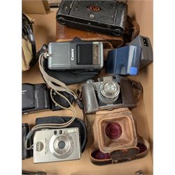 Collection of vintage cameras, including two V Twin with Bloomed Belco Lens, Ensign Ful Vue, Ranjar No. 6, CME Comet S, etc together with two Canon Powershot Digital cameras models S230 and S70