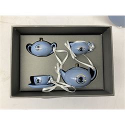 Wedgwood pale blue Jasperware, to include a pair of tulip vases, large vase with fluted rim, trinket dishes, trinket box etc, together with Wedgwood miniature hanging decoration in the form of a tea set 