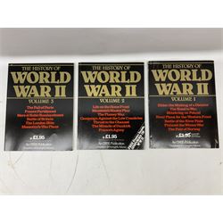 Three boxes of books, periodicals and DVDs of military interest with particular emphasis on WW2 including The History of World War Two in thirty original parts by Orbis, The D-Day Experience by Richard Holmes, The World War Two Databook, The World at War, Special Forces etc