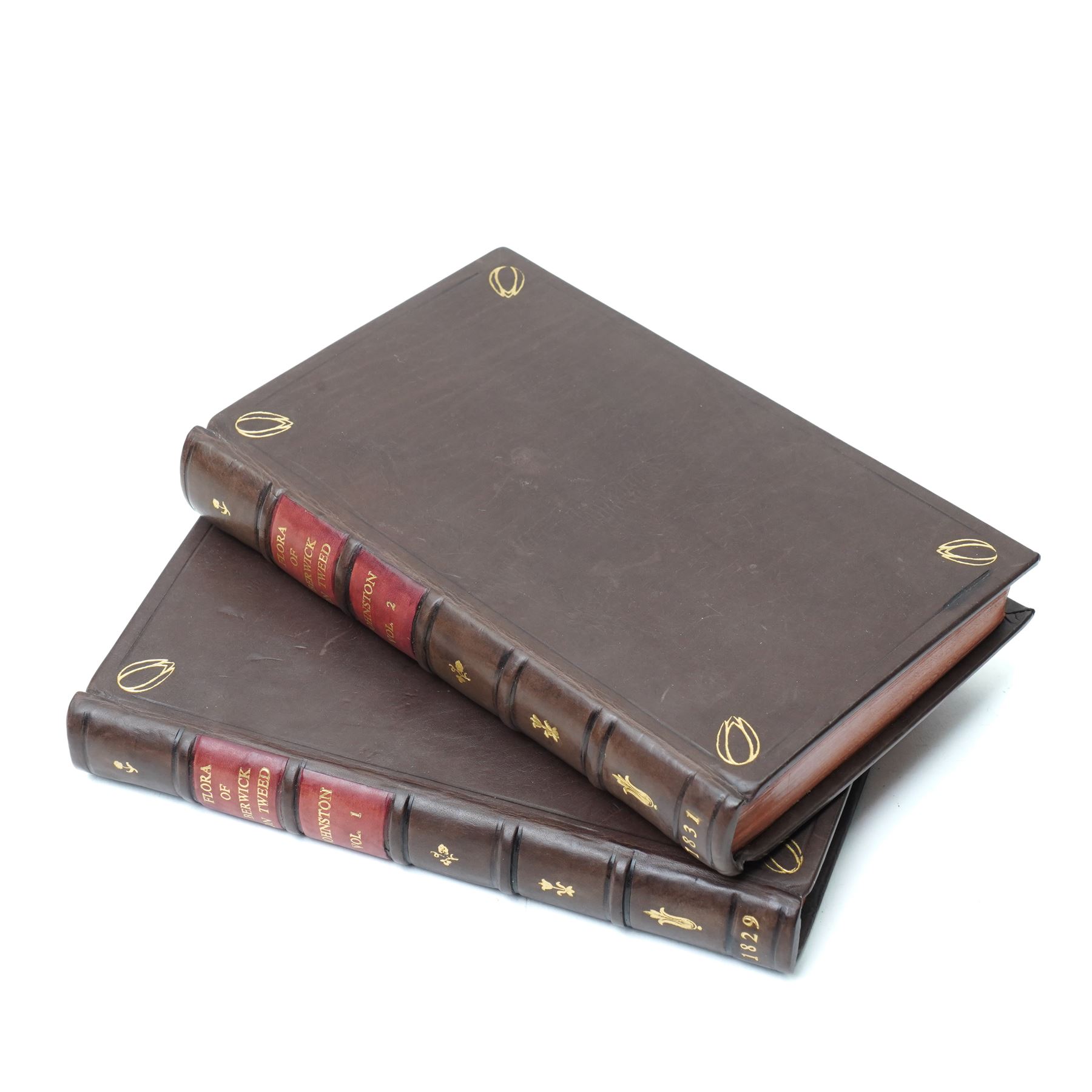 Johnston, George - 'A Flora of Berwick-on-Tweed' two volumes Carfrae & Sons, Edinburgh 1831 1st edition rebound in brown and gilt full calf, MacNeill, Archibald - 'Notes on the Authenticity of Ossian's Poems' printed for the author 1868 signed and inscribed, rebound  in half calf, Walton, Isaac and Cotton, Charles - 'The Complete Angler' sixth edition with additions 1797 rebound in full calf (4)