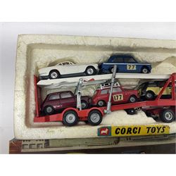 Corgi - Gift Set no.41 comprising Carrimore Mark Iv Transporter, Morris Mini-Cooper, BMC Mini-Cooper S, Morris Mini-Minor, Volvo P.1800 and Sunbeam IMP; missing MGC GT car; in original box 