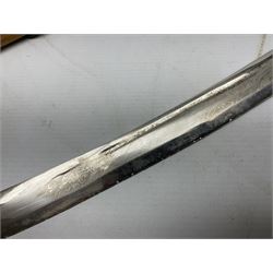 Early 20th century Indian ebonised sword stick, the 59.5cm blade with punched decoration and horn grip L94cm overall; and a reproduction Indian tulwar with scabbard (2)