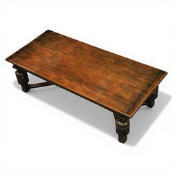 Royal Oak Furniture Co - Jacobean style oak dining table with suite of ten oak high back dining chairs (8+2), rectangular plank top dining table with moulded edge above carved frieze, raised on bulbous turned supports united by stretchers, together with a set of oak framed high back dining chairs including two carvers, upholstered in striped fabric with studded borders, on turned supports united by stretchers 