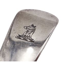 George III silver Old English pattern table spoon, with engraved crest to terminal, hallmarked London 1795, maker's mark RC, probably Richard Crossley, together with a George III silver Fiddle pattern table spoon, hallmarked William Eley I, William Fearn & William Chawner, London 1808 and a George III silver Old English pattern spoon, engraved with monogram, hallmarked John Lambe, London 1786, approximate total weight 5.32 ozt (165.6 grams)