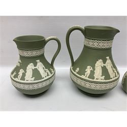 Collection of  Wedgwood green Jasperware, to include large jug, vases, trinket dishes, etc together with two teal Jasperware vases 