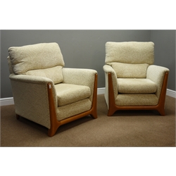  Pair teak framed armchair upholstered in neutral patterned fabric, W90cm, D96cm  