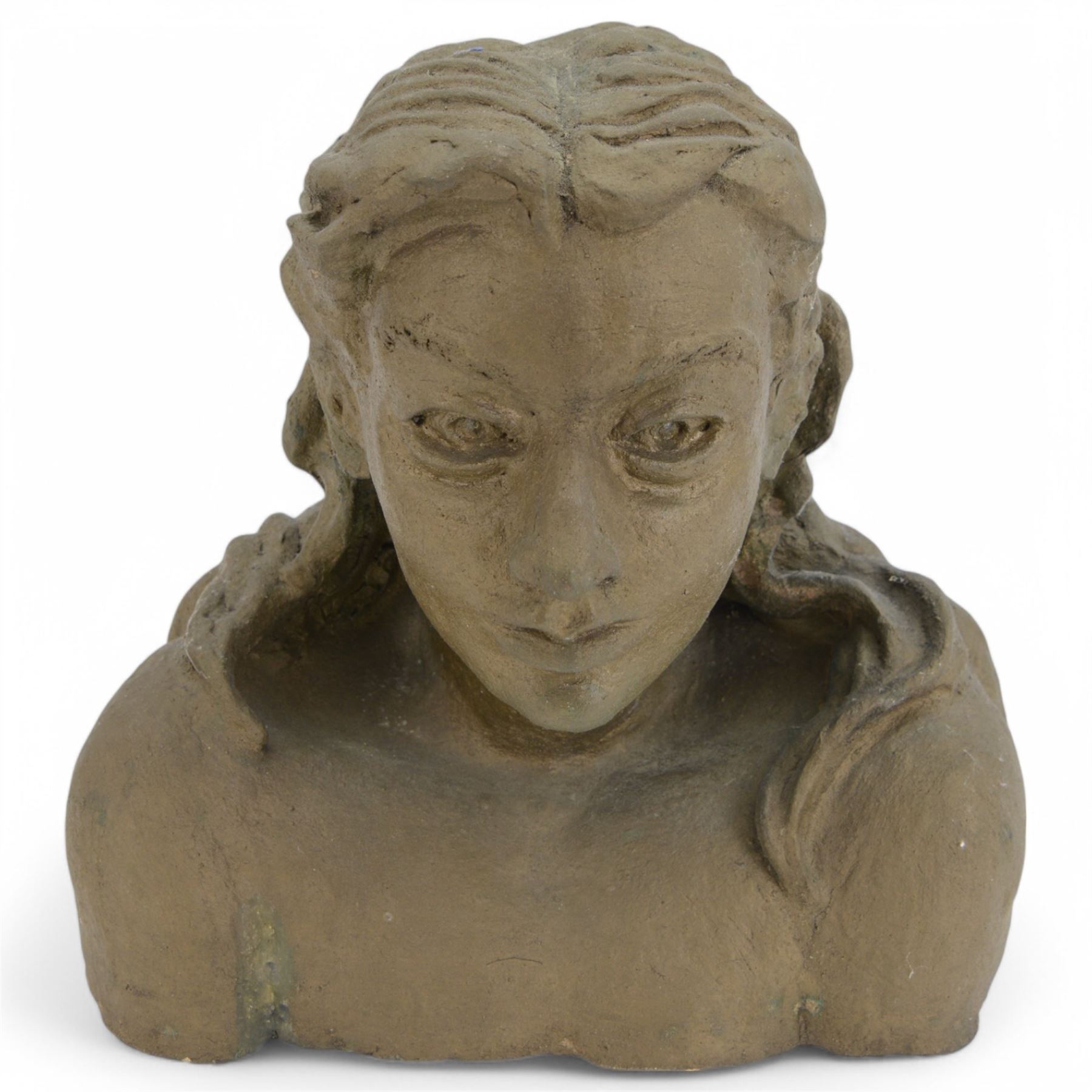Modern composite bust of young woman, in the manner of Jacob Epstein, with metallic finish, signed Epstein beneath, H40cm