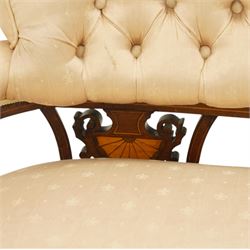 Edwardian inlaid mahogany sofa, upholstered in cream fabric with buttoned back rail, tapering legs on brass castors