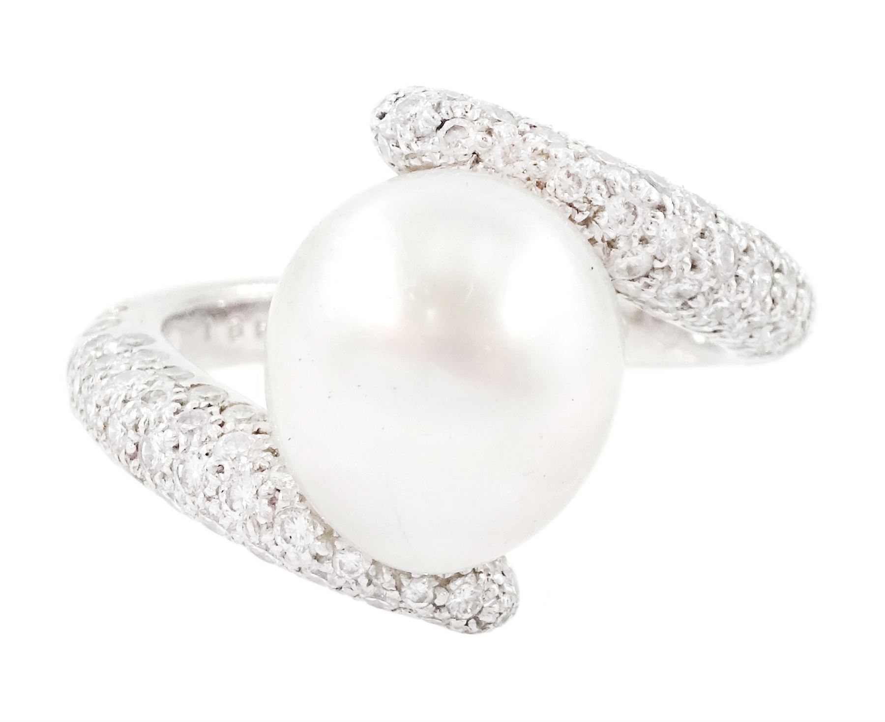 Chanel 18ct white gold pearl and diamond crossover ring, single cultured white / grey pearl, with pave set round brilliant cut diamond shoulders, hallmarked