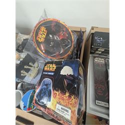 Star Wars collectables, including calendars, plate, plastic cups, Darth Vader money bank, VHS tapes, Masterworks lithograph collection, etc together with some Thunderbirds cups, Texas Chainsaw Massacre plush, etc