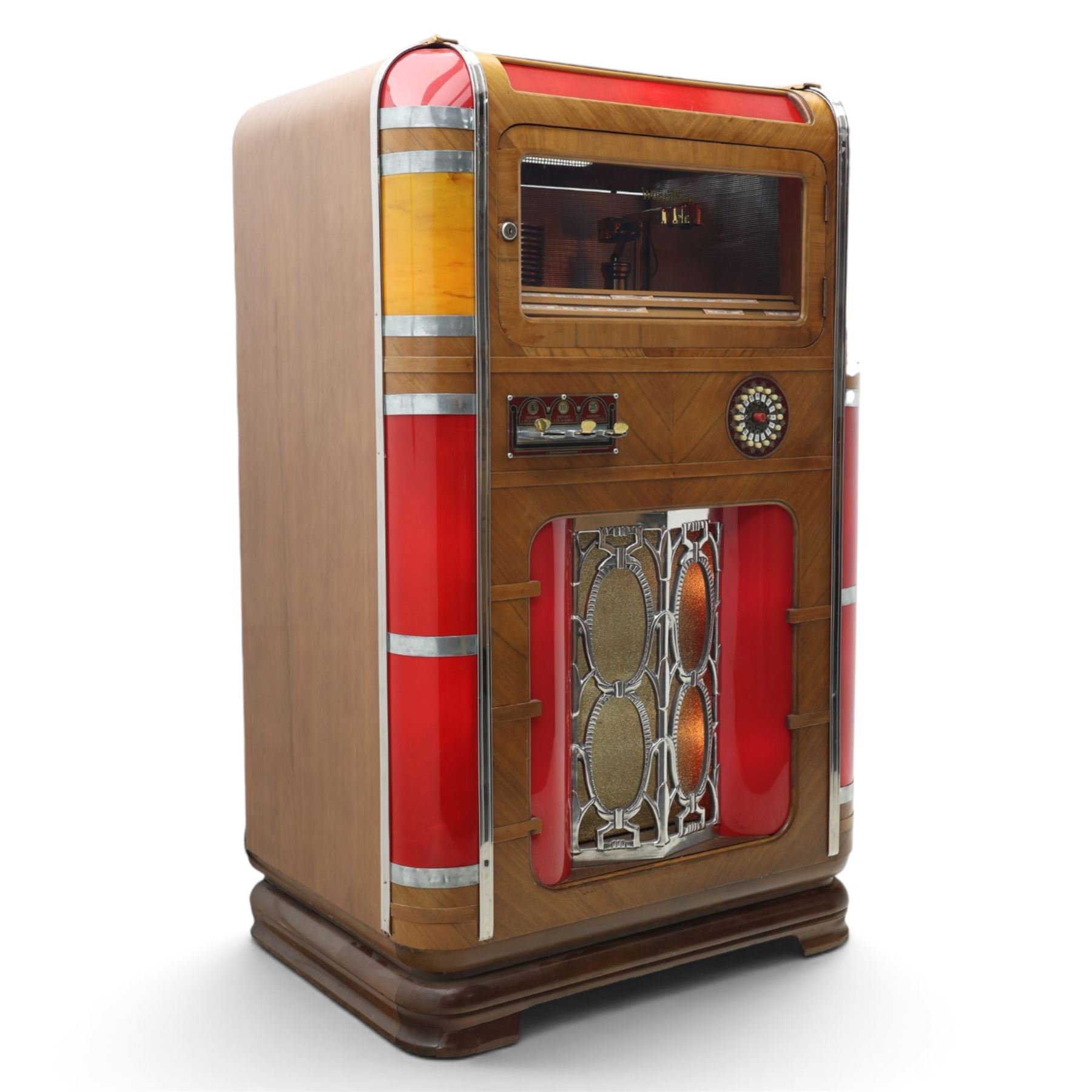 Rudolf Wurlitzer Company - Model 616 'Simplex' 1937 jukebox, figured walnut veneered cabinet with illuminated red and amber side panels enclosed by chromed uprights, glazed upper record compartment, cast Art Deco speaker grille, coin-operated push-button selection panel with circular title index, raised on a moulded base