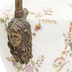 Wong Lee twin handled ceramic urn, with enamelled cherubs among animals and foliate decoration with bronzed metal mounts, upon a square base with paw feet, together with similar twin handled urn with enamelled floral decoration, marked to base, largest H48cm (2)