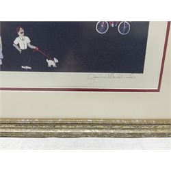 Jessica Wasilewski (American contemporary): 'Pugs in the Park', limited edition colour lithograph signed and numbered 286/400 pub. 2007, 51cm x 63cm