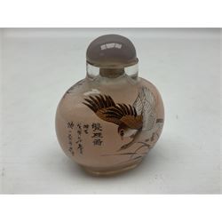 Seven Chinese glass snuff bottles painted with figures and animals, together with three wood mounted bone examples