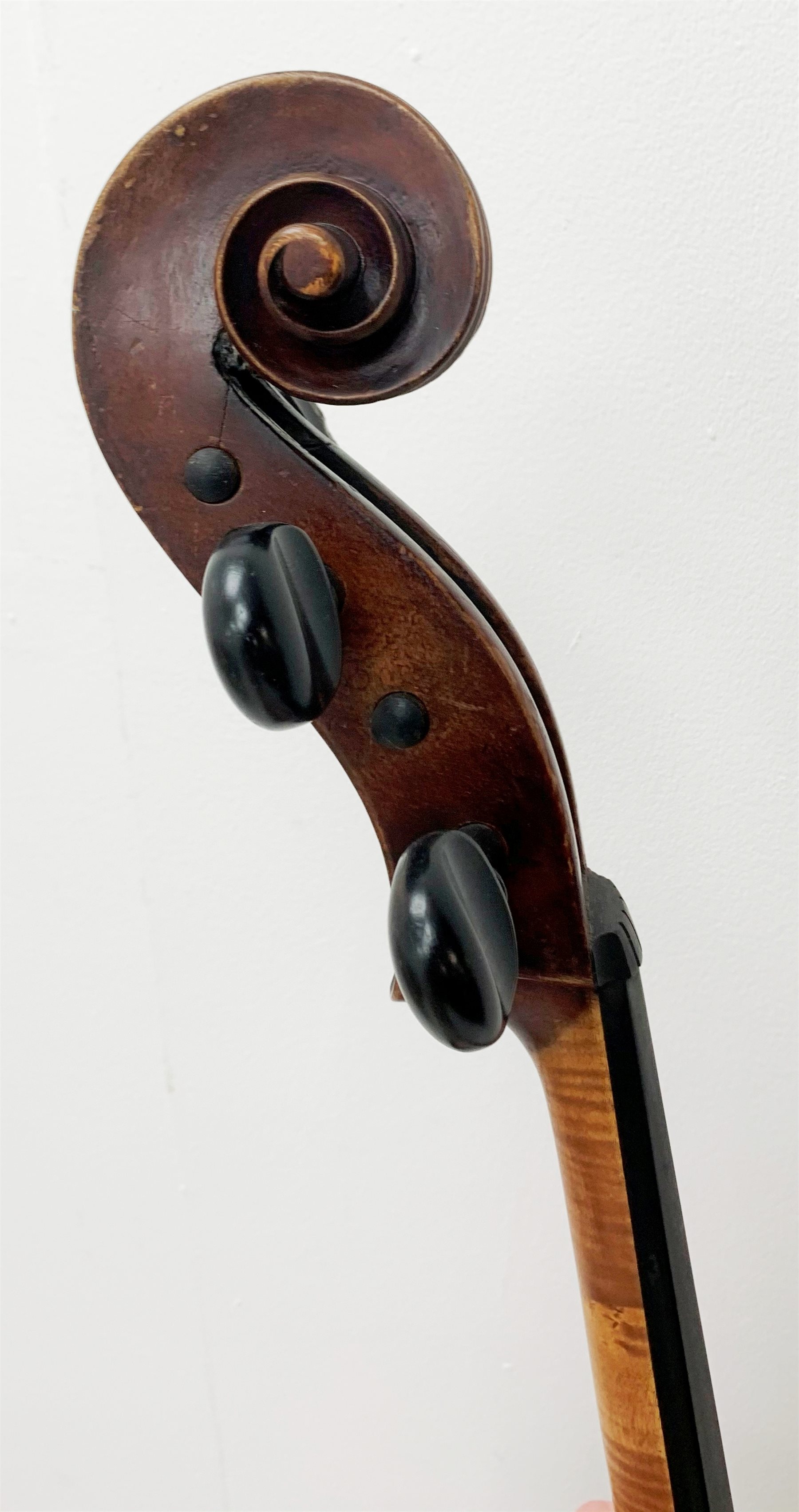  Mid-19th century German cello with 76cm two-piece maple back and ribs and spruce top, bears label Franz Janisch, Wein, VII Neubrugasse 184(?), 124cm overall, in modern soft carrying case   