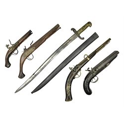 French model 1842 sabre bayonet with 57cm fullered steel blade and steel scabbard L70.5cm overall; 19th century side-by-side double barrel percussion pistol in poor condition; and three reproduction flintlock pistols (5)