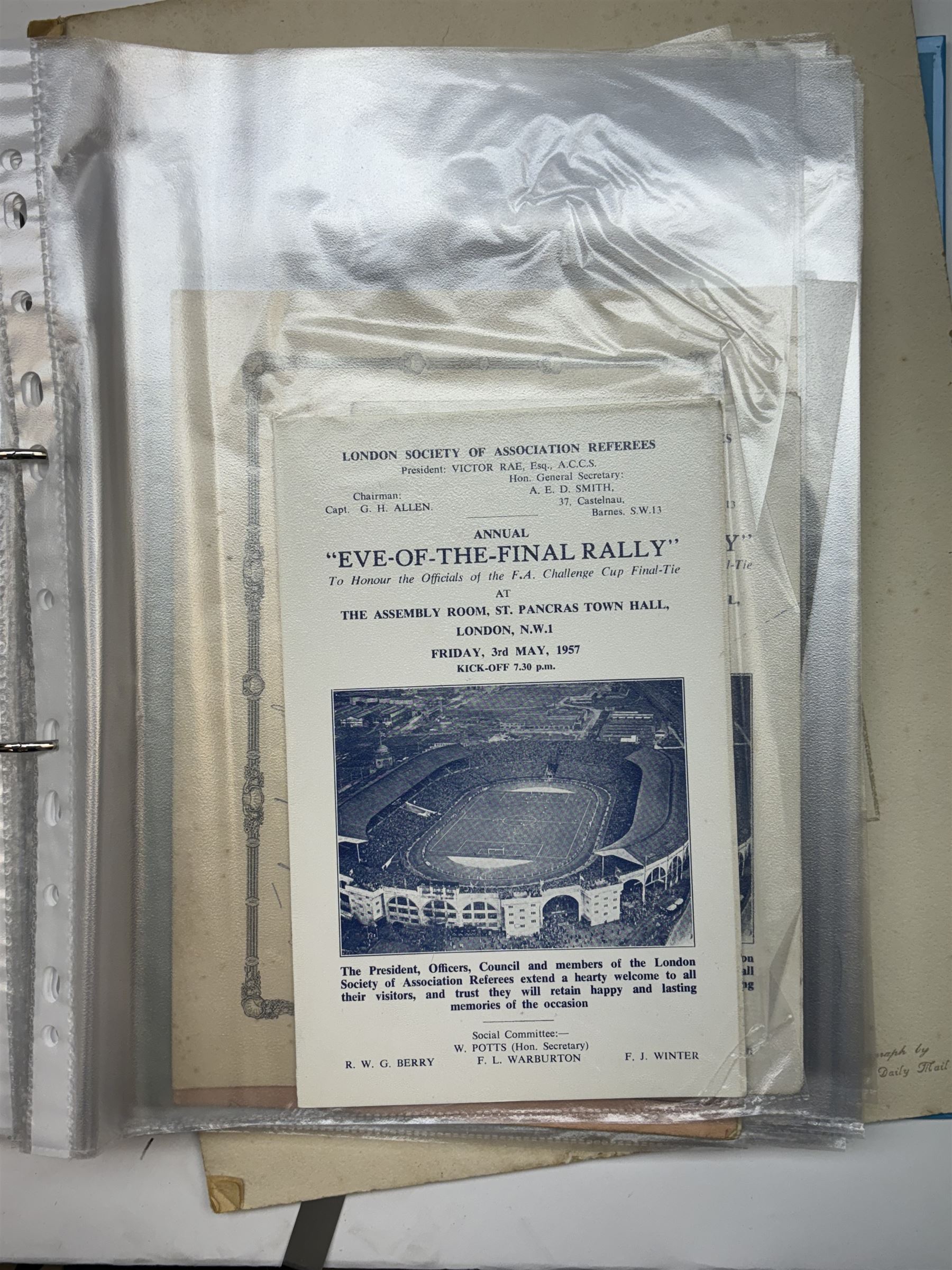Collection of football memorabilia belonging and relating to the Hull based referee Frank Coultas, including 9ct gold Referee's medal for the 1957 Aston Villa v Manchester United FA Cup Final, inscribed 'The Football Association, F.B Coultas, F.A. Challenge Cup Competition, Final Tie 1957', hallmarked and in original case; the kit worn by him to referee the 1957 FA Cup Final and ephemera relating to the match including photographs, programmes and tickets; together with other football memorabilia collected by Frank Coultas, including programmes, photograph and ticket stubs, with some items relating to the 'Busby Babes'