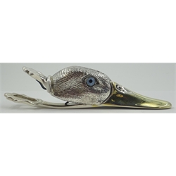  Silver paper clip in the form of a Mallard, with inset glass eyes and gilded beak, Whitehill & Co. Birmingham, 2006, L13cm   