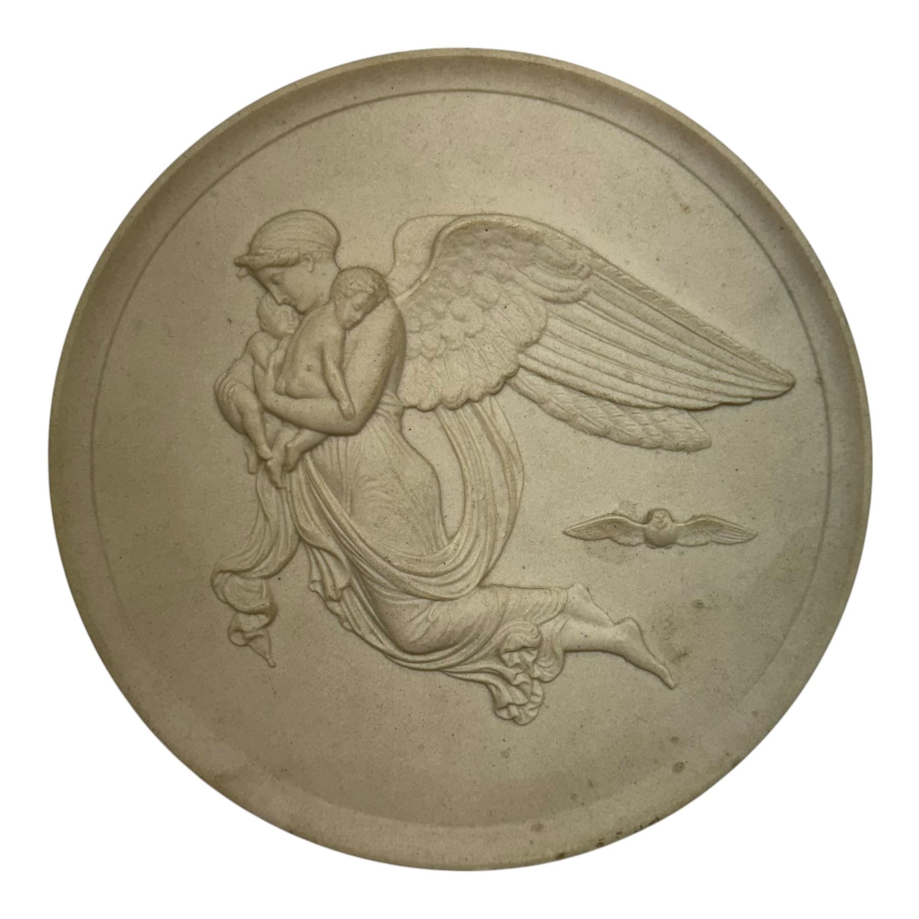Seven plaster medallions within a wooden frame, together with another framed medallion, pair of Royal Copenhagen bisque porcelain circular plaques and two other plaques  