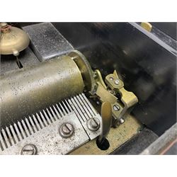 Large late 19th century Swiss bells-in-sight musical box with 27.5cm cylinder playing eight airs on a 27cm two-piece comb with seventy-seven teeth and six graduated engraved saucer bells with strike/silent facility; in crossbanded rosewood and ebonised case, the front and hinged lid inlaid with musical trophies, opening to reveal a song card under the lid and hinged glazed cover to the movement; serial no.7539 L53cm